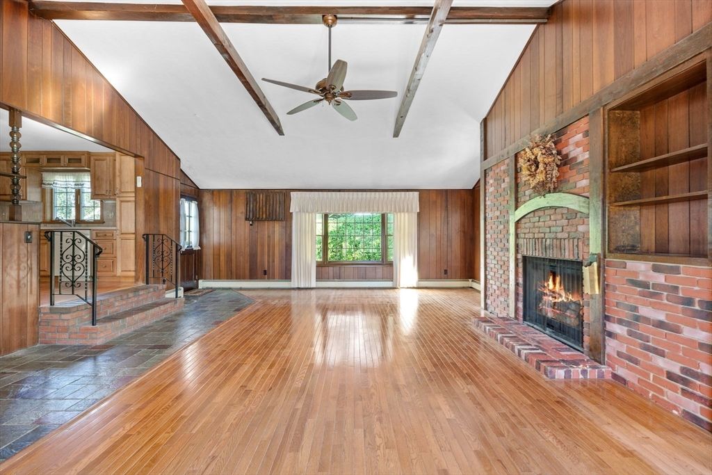 Fireplace, Interior, Stone Walls, Wooden Beams, Wood Texture Flooring, Wooden Walls