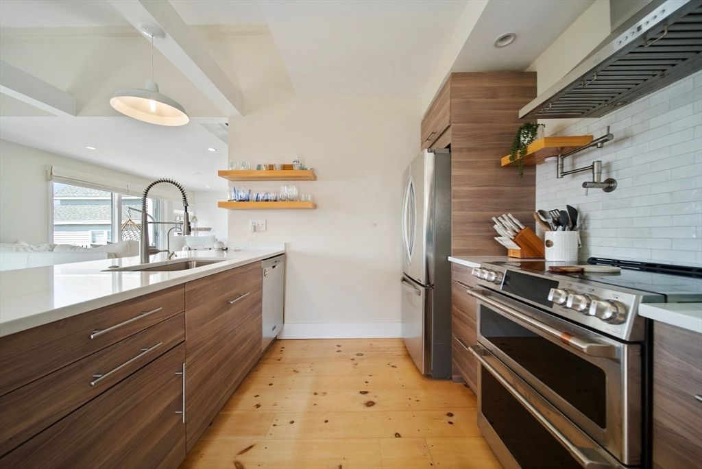 Interior, Kitchen, Pendant Lights, Recessed Lighting, Stainless Steel Appliances, Wood Texture Flooring