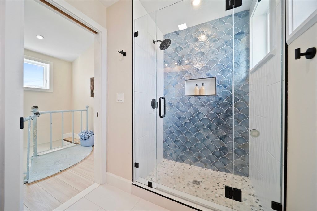 Bathroom, Glass Shower, Interior, Recessed Lighting, Wood Texture Flooring