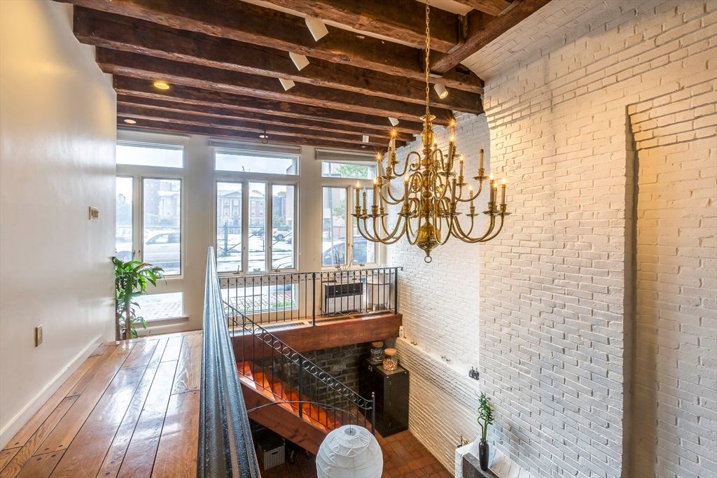 Chandelier, Interior, Recessed Lighting, Stone Walls, Wooden Beams, Wood Texture Flooring