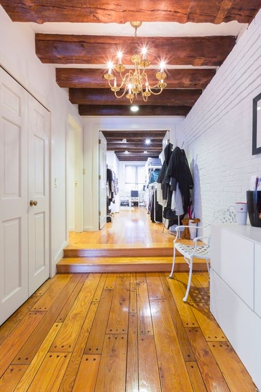 Chandelier, Interior, Recessed Lighting, Stone Walls, Wooden Beams, Wood Texture Flooring