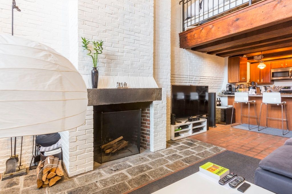 Fireplace, Interior, Kitchen, Pendant Lights, Stone Walls