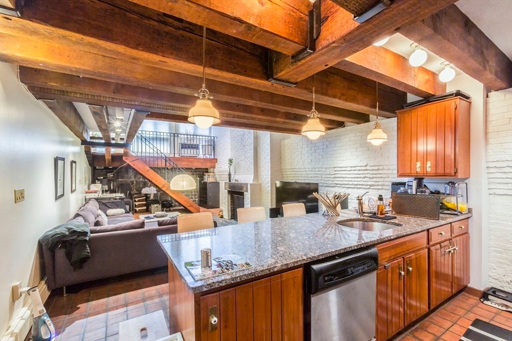 Interior, Kitchen, Pendant Lights, Stainless Steel Appliances, Stone Walls, Wooden Beams