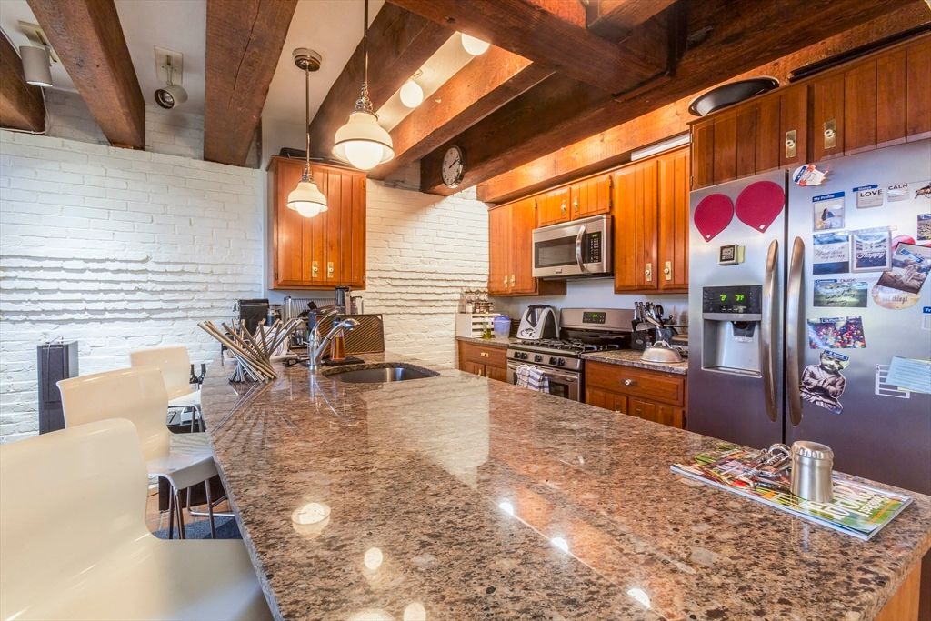 Interior, Kitchen, Pendant Lights, Stainless Steel Appliances, Stone Walls, Wooden Beams
