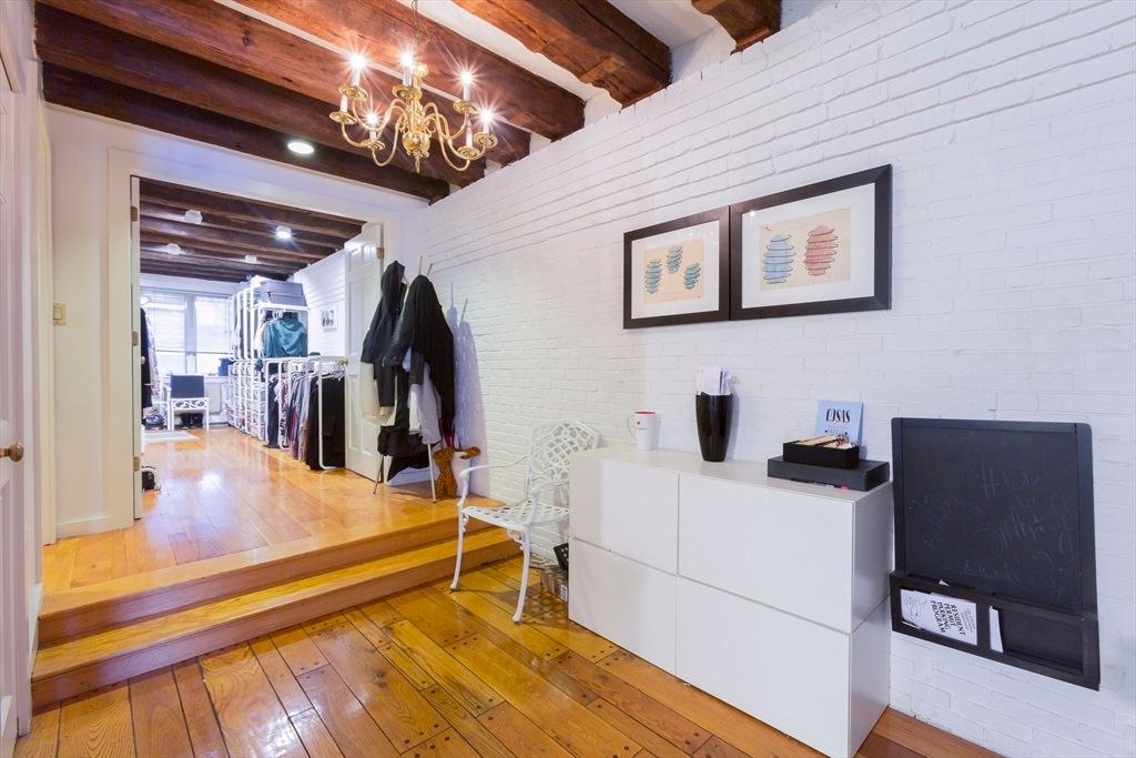 Chandelier, Interior, Recessed Lighting, Stone Walls, Wooden Beams, Wood Texture Flooring