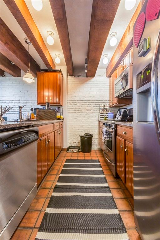 Interior, Kitchen, Pendant Lights, Stainless Steel Appliances, Stone Walls, Wooden Beams