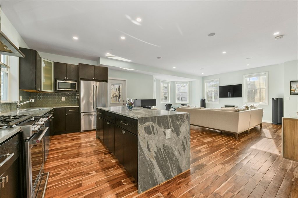 Interior, Kitchen, Living room, Recessed Lighting, Stainless Steel Appliances, Wood Texture Flooring