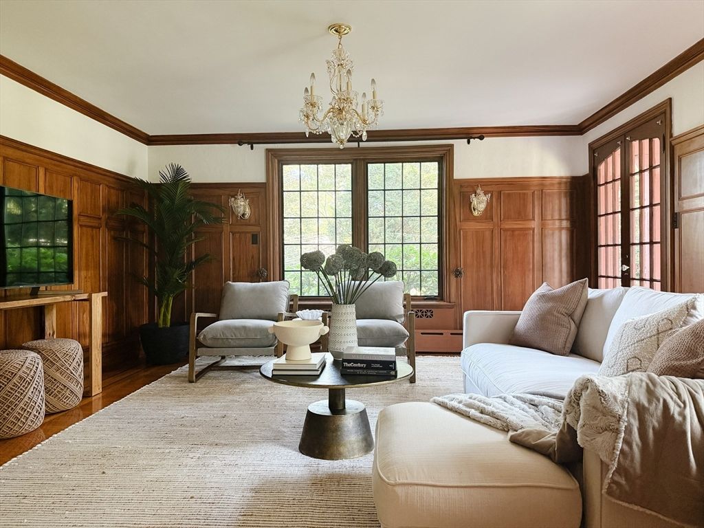 Chandelier, Interior, Living room, Wood Texture Flooring, Wooden Walls
