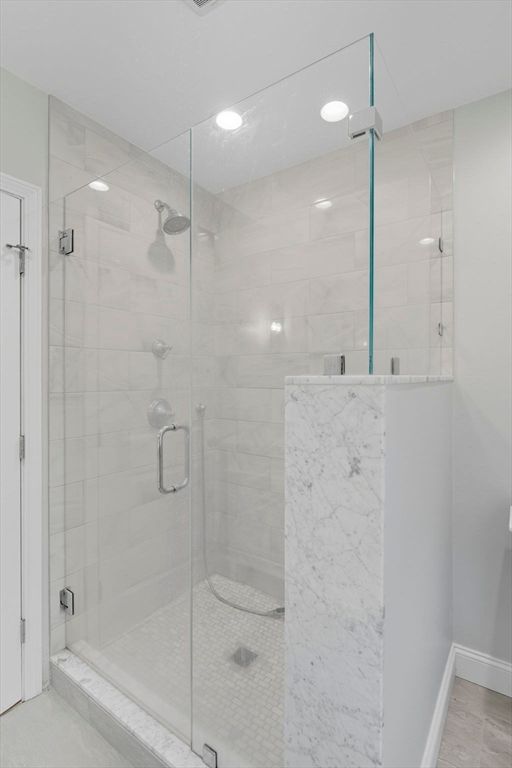 Bathroom, Glass Shower, Interior, Marble Walls, Recessed Lighting