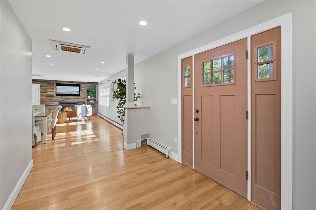 Dining room, Fireplace, Interior, Recessed Lighting, Wood Texture Flooring, Wooden Walls