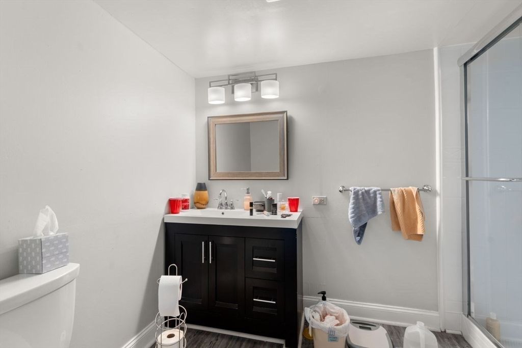 Bathroom, Glass Shower, Interior, Wood Texture Flooring