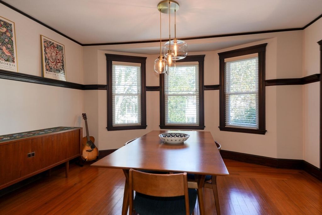 Dining room, Interior, Pendant Lights, Wood Texture Flooring