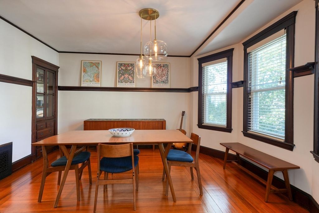 Dining room, Interior, Pendant Lights, Wood Texture Flooring