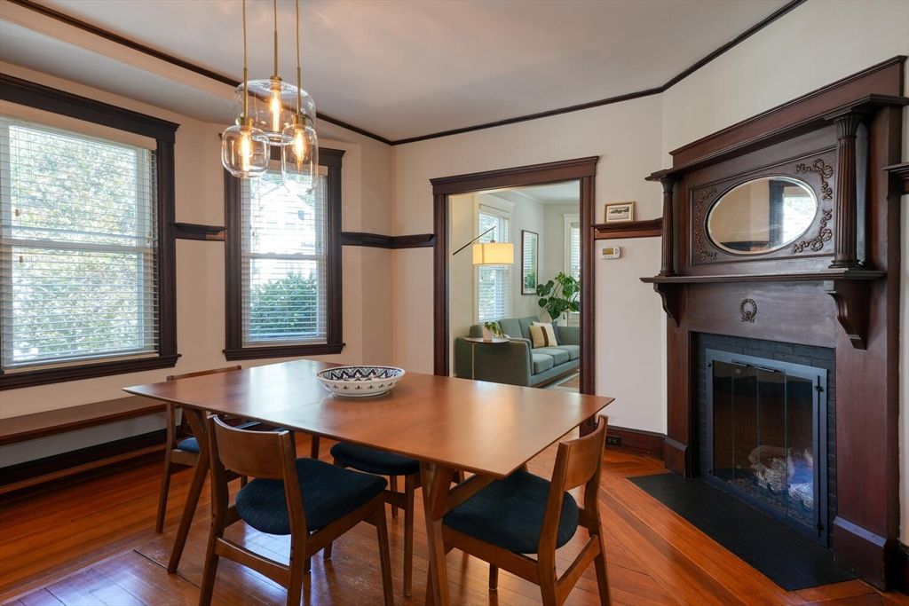 Dining room, Fireplace, Interior, Pendant Lights, Wood Texture Flooring