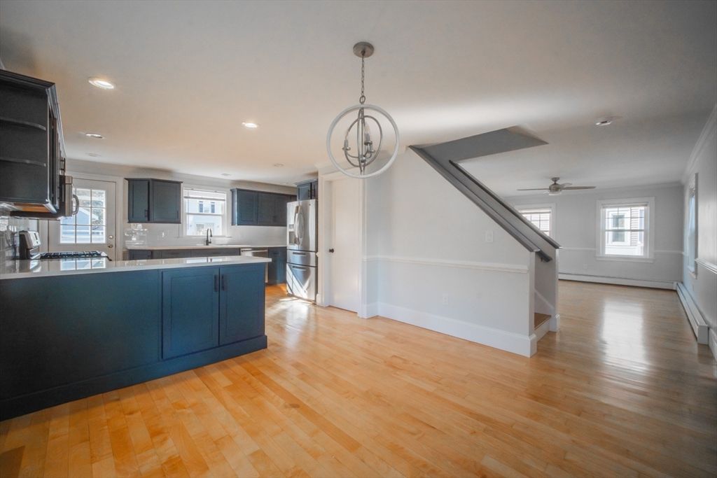 Chandelier, Interior, Kitchen, Pendant Lights, Recessed Lighting, Wood Texture Flooring