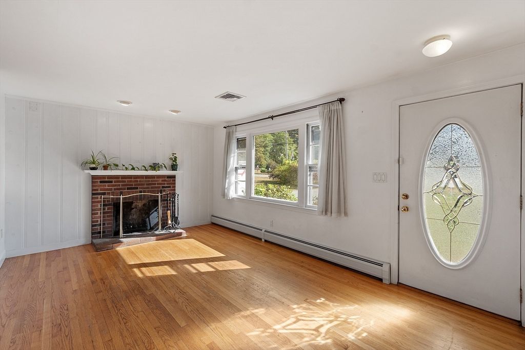 Empty room, Fireplace, Interior, Recessed Lighting, Wood Texture Flooring