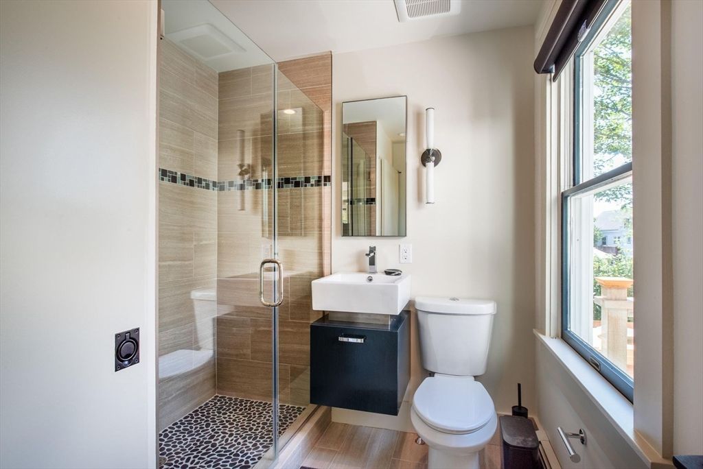 Bathroom, Glass Shower, Interior, Wood Texture Flooring