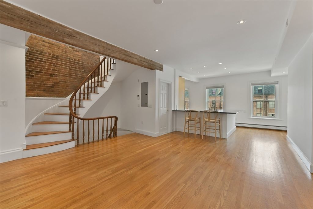 Empty room, Interior, Recessed Lighting, Stone Walls, Wooden Beams, Wood Texture Flooring