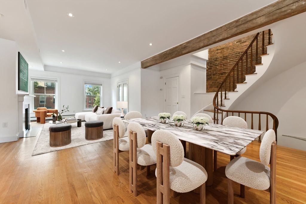 Dining room, Fireplace, Interior, Living room, Recessed Lighting, Wood Texture Flooring