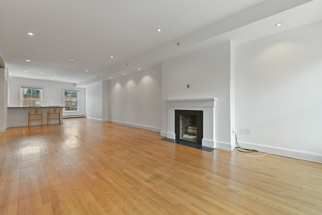Empty room, Fireplace, Interior, Recessed Lighting, Wood Texture Flooring