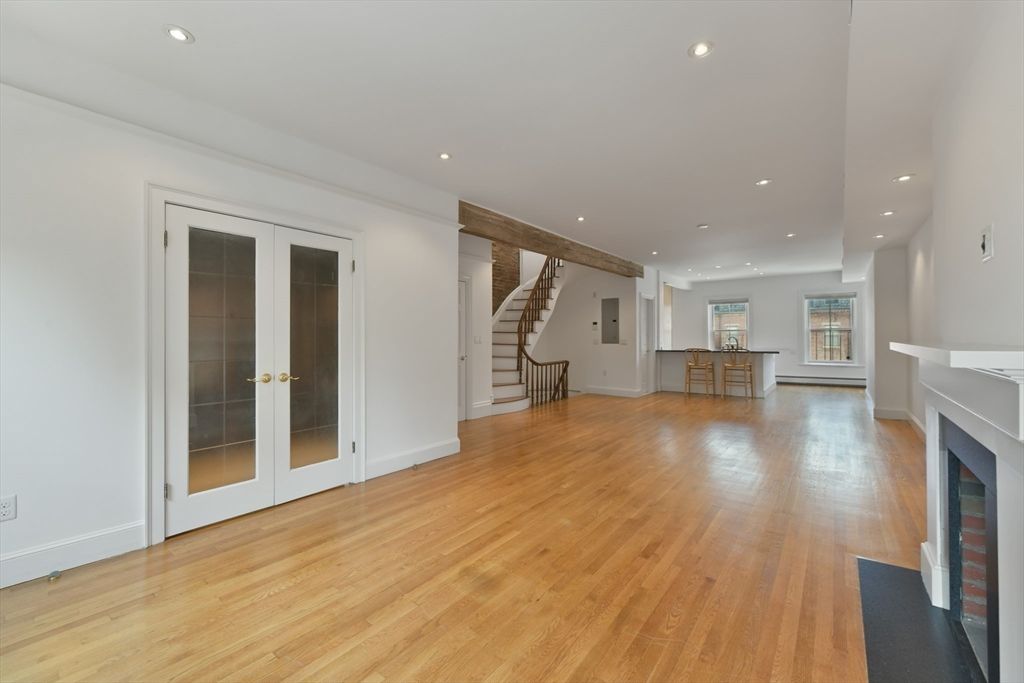 Empty room, Fireplace, Interior, Recessed Lighting, Wood Texture Flooring