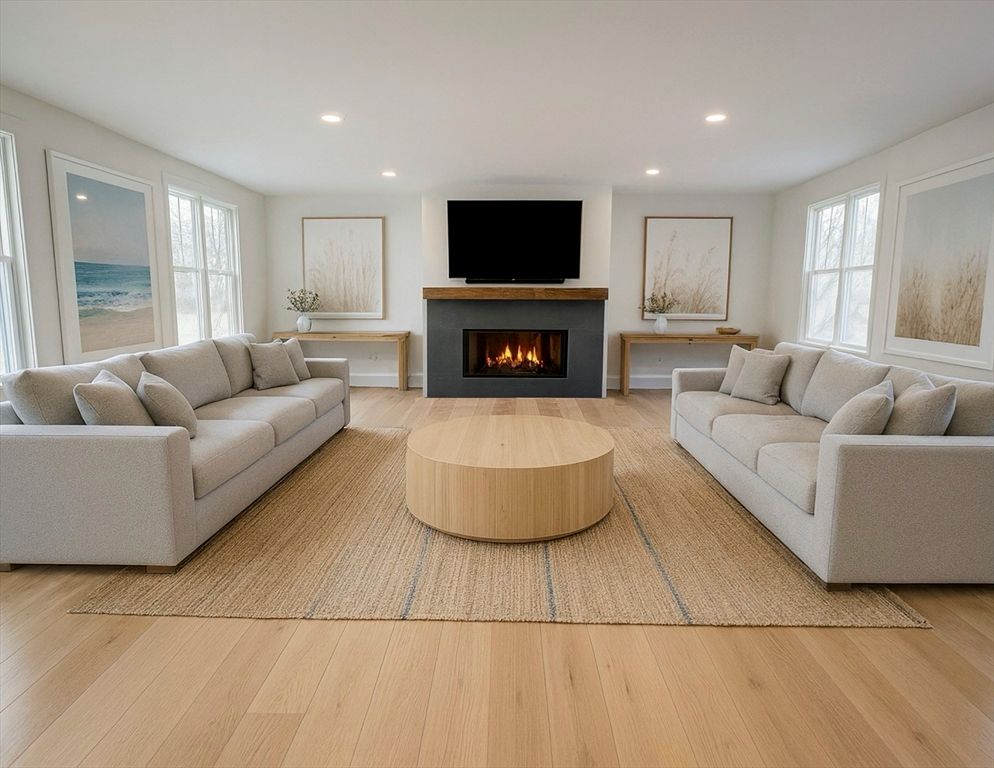 Fireplace, Interior, Living room, Recessed Lighting, Wood Texture Flooring
