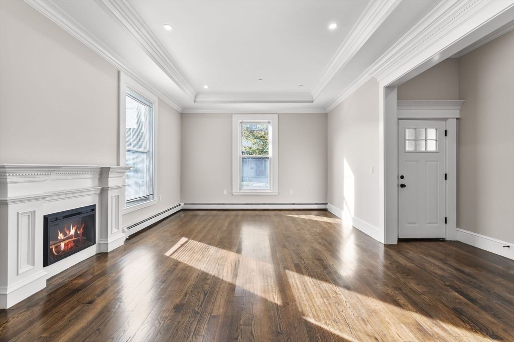 Empty room, Fireplace, Interior, Recessed Lighting, Wood Texture Flooring