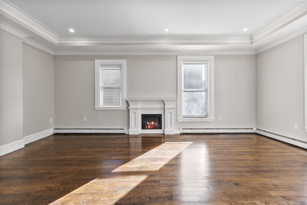 Empty room, Fireplace, Interior, Recessed Lighting, Wood Texture Flooring