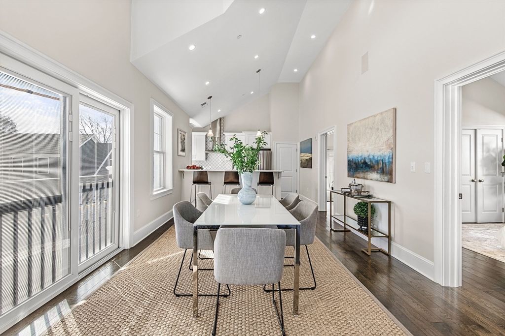 Dining room, Interior, Pendant Lights, Recessed Lighting, Wood Texture Flooring