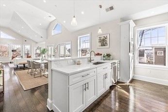 Dining room, Interior, Kitchen, Pendant Lights, Recessed Lighting, Stainless Steel Appliances, Wood Texture Flooring