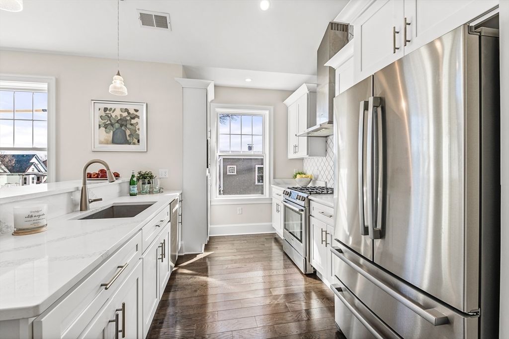 Interior, Kitchen, Pendant Lights, Recessed Lighting, Stainless Steel Appliances, Wood Texture Flooring