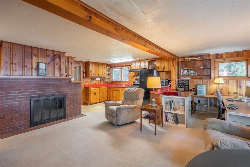Fireplace, Home Office, Interior, Stone Walls, Wooden Beams, Wooden Walls