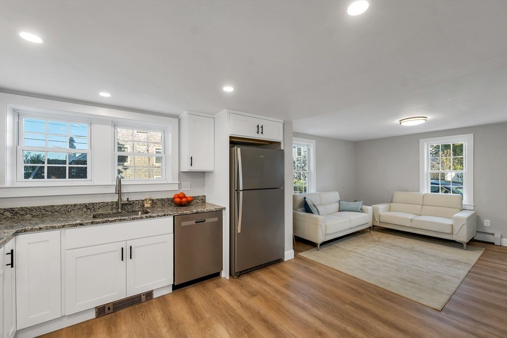 Interior, Kitchen, Living room, Recessed Lighting, Stainless Steel Appliances, Wood Texture Flooring