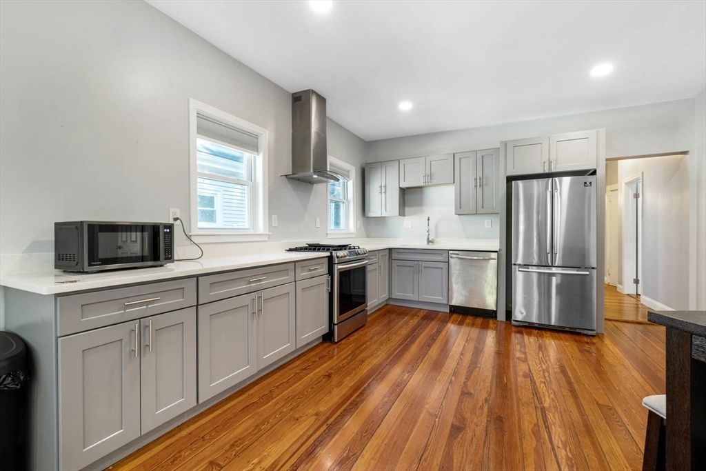 Interior, Kitchen, Recessed Lighting, Stainless Steel Appliances, Wood Texture Flooring