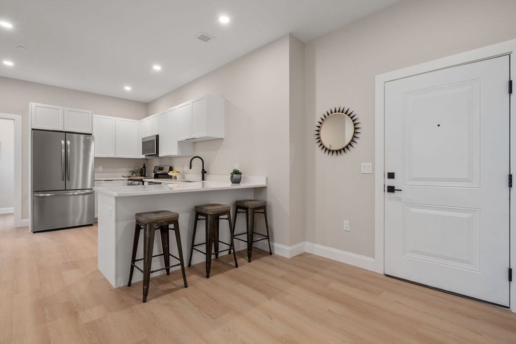 Interior, Kitchen, Recessed Lighting, Stainless Steel Appliances, Wood Texture Flooring