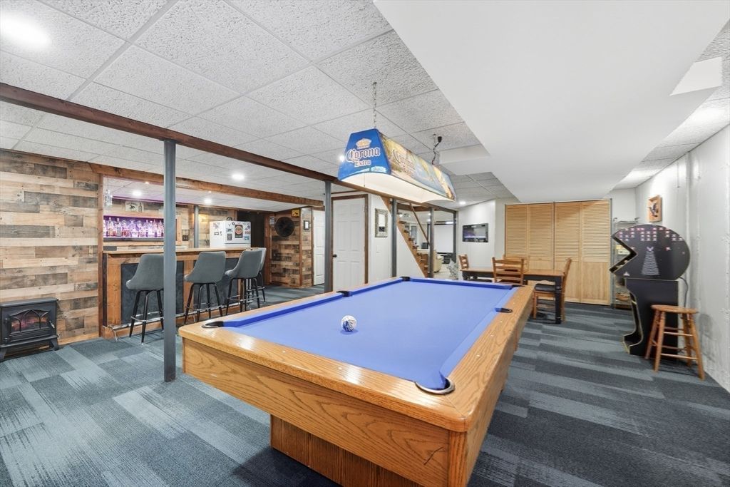 Billiard Table, Fireplace, Game Room, Interior, Pendant Lights, Recessed Lighting, Wooden Walls