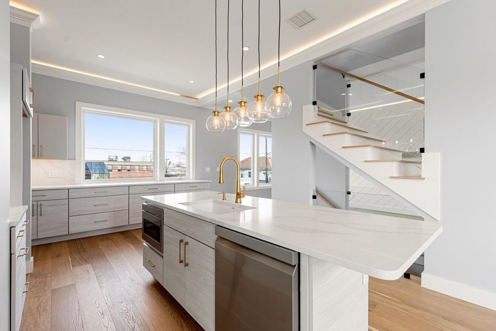 Interior, Kitchen, Pendant Lights, Recessed Lighting, Stainless Steel Appliances, Wood Texture Flooring