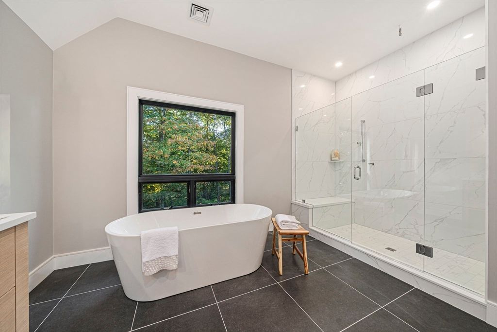 Bathroom, Free Standing Baths, Glass Shower, Interior, Marble Walls, Recessed Lighting