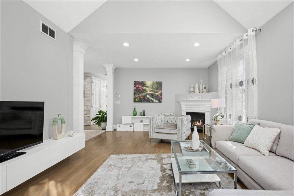 Fireplace, Interior, Living room, Recessed Lighting, Wood Texture Flooring