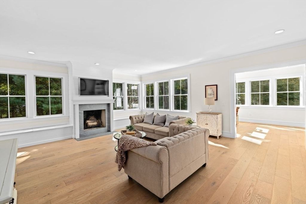 Fireplace, Interior, Living room, Recessed Lighting, Wood Texture Flooring