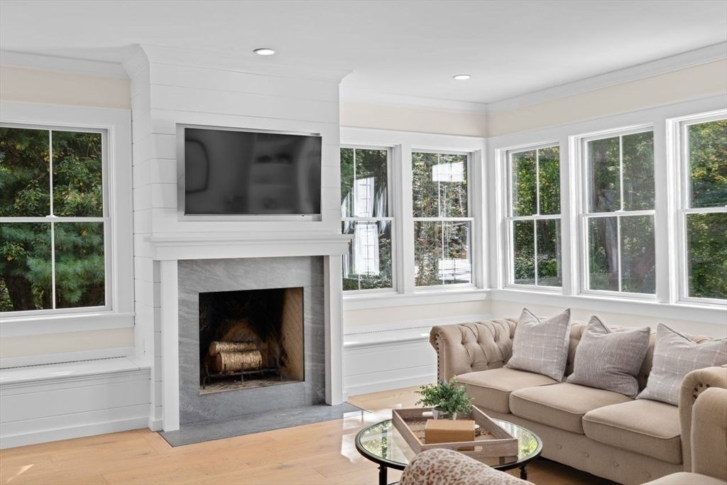 Fireplace, Interior, Living room, Recessed Lighting, Wood Texture Flooring