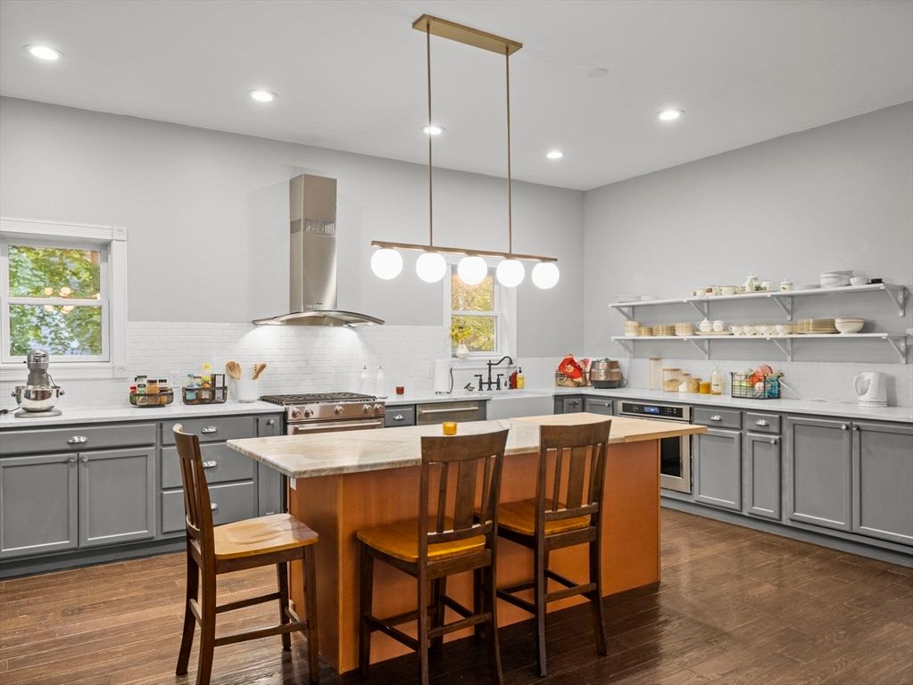 Interior, Kitchen, Pendant Lights, Recessed Lighting, Stainless Steel Appliances, Wood Texture Flooring