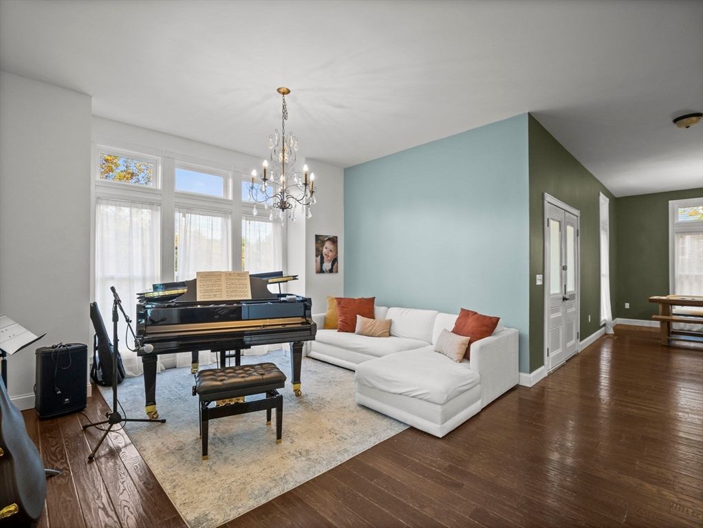 Chandelier, Interior, Living room, Pendant Lights, Piano, Wood Texture Flooring
