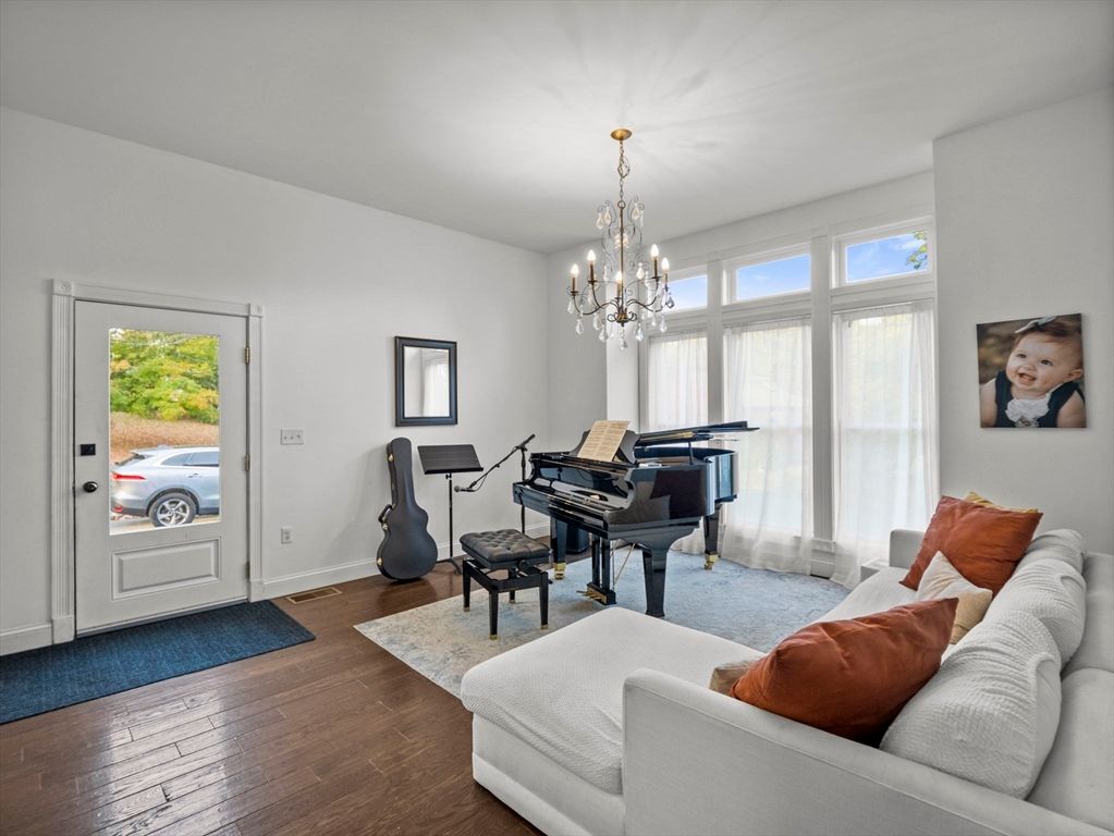 Chandelier, Interior, Living room, Pendant Lights, Piano, Wood Texture Flooring