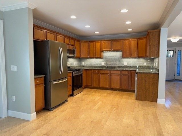 Interior, Kitchen, Recessed Lighting, Stainless Steel Appliances, Wood Texture Flooring