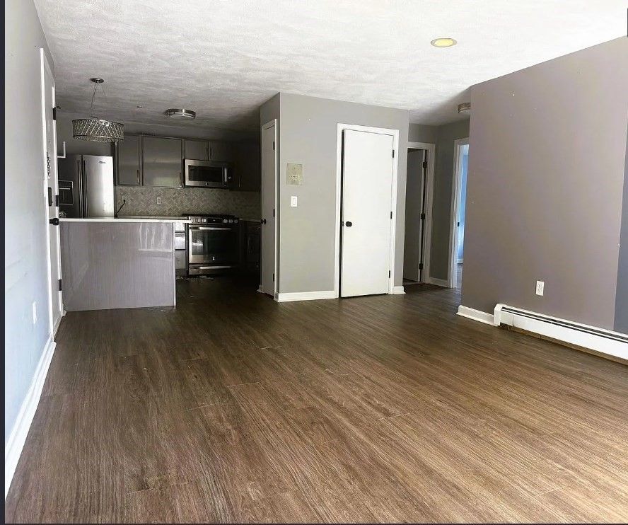 Interior, Kitchen, Pendant Lights, Stainless Steel Appliances, Wood Texture Flooring
