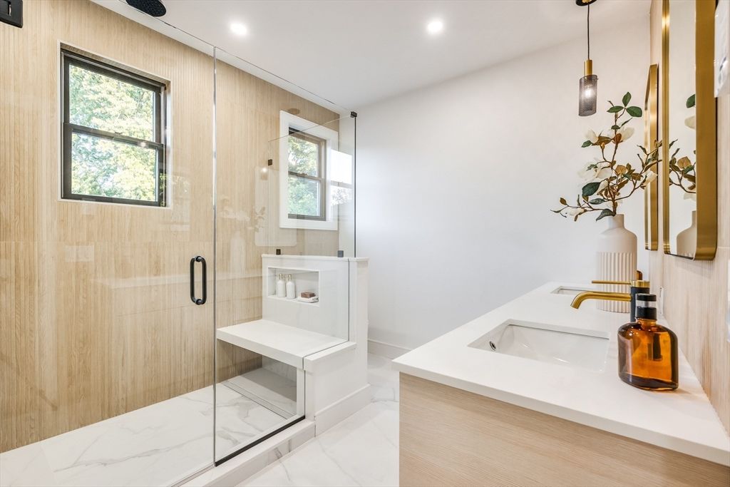 Bathroom, Glass Shower, Interior, Marble, Pendant Lights, Recessed Lighting