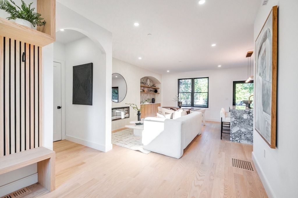 Dining room, Fireplace, Interior, Living room, Pendant Lights, Recessed Lighting, Wood Texture Flooring