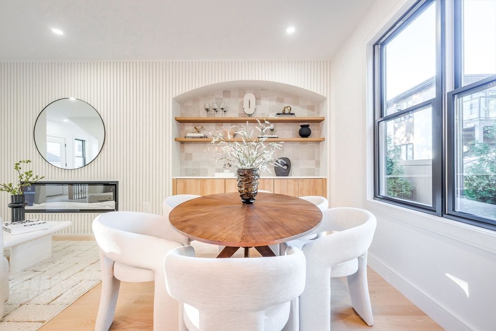 Dining room, Interior, Recessed Lighting, Wood Texture Flooring