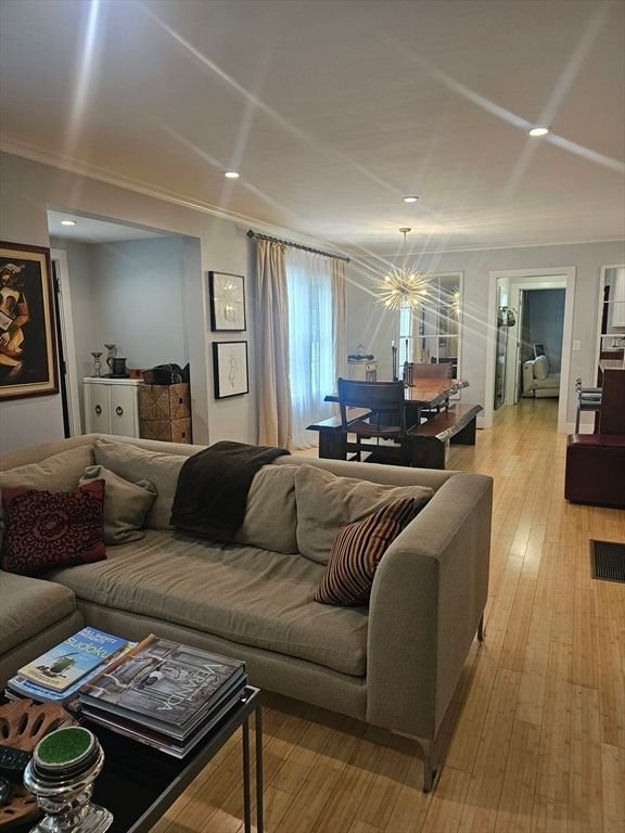 Dining room, Interior, Living room, Pendant Lights, Recessed Lighting, Wood Texture Flooring